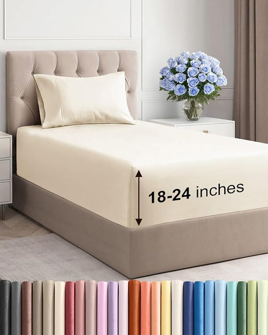 Extra Deep Pocket Twin XL Sheets - 3 Piece Breathable & Cooling Bed Sheets - Hotel Luxury Bed Sheet Set - Soft, Wrinkle Free & Comfy - Easily Fits Extra Deep Mattresses - Deep Pocket Off White Sheets