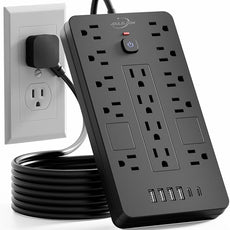 Surge Protector Power Strip-14 Outlets and 6 USB Ports, 10 Feet Flat Plug Extension Cord, 1850 Joules, Black, ETL Listed for Home, Office, Dorm Room