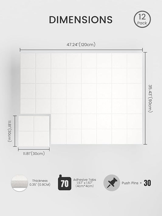 Bumusty Large Cork Board Alternative-47 x35 Felt Bulletin Board Tiles, with 30 Pushpins, 70 Adhesive Tabs, 12-Pack Slat Wall Paneling, Cork Boards for Office Push Pin Board Felt Board-Milky White