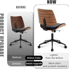 Home Office Chair No Arms with Wheels, Adjustable Height Small Desk Chair, PU Leather Mid Back 360 Swivel Computer Chair, Armless Modern Walnut Chair for Office, Reading Meeting Room(Black)