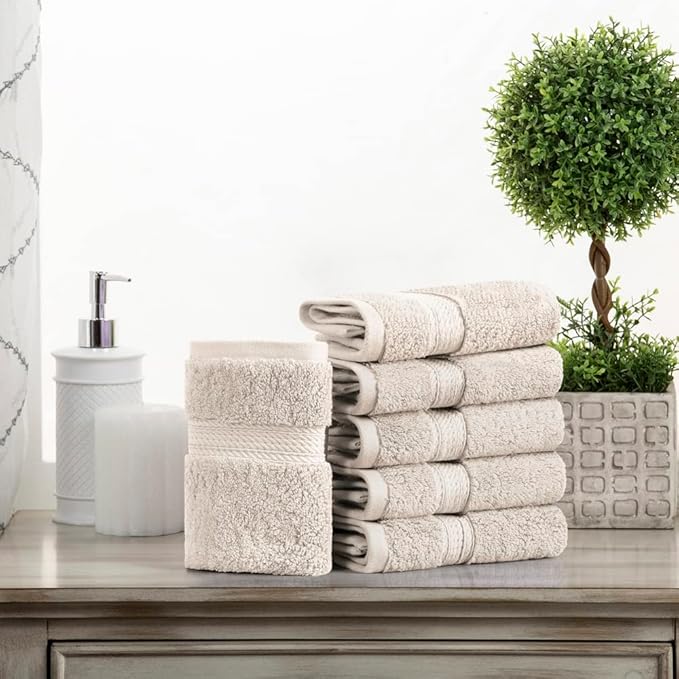 Superior Egyptian Cotton Pile Face Towel/Washcloth Set of 6, Ultra Soft Luxury Towels, Thick Plush Essentials, Absorbent Heavyweight, Guest Bath, Hotel, Spa, Home Bathroom, Shower Basics, Stone