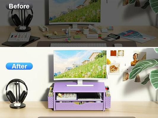 Spacrea Desk Organizer and Accessories, Computer Monitor Stand Riser with Drawer and 2 Pen Holders, Office Desk Accessories & Workspace Organizers for Office Supplies (Purple)