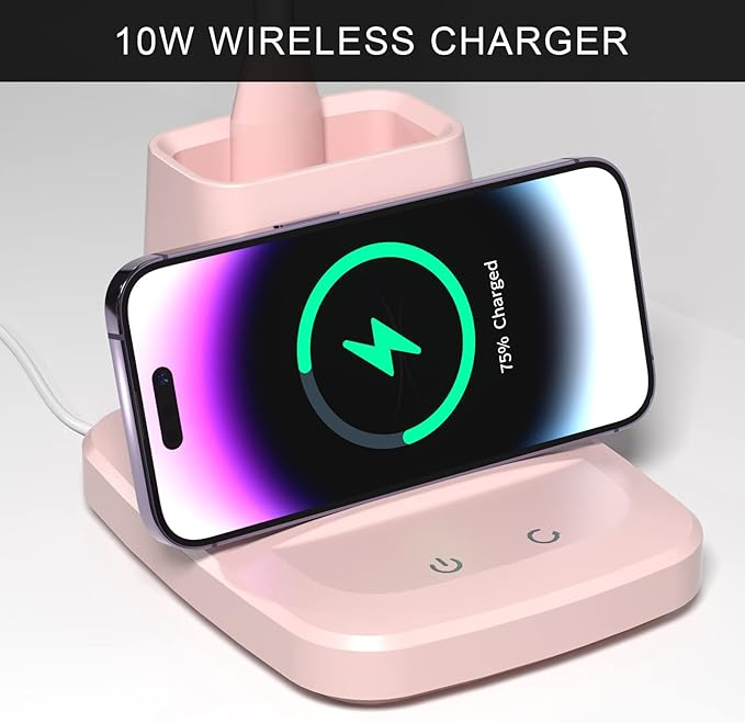 Desk Lamps for Home Office, LED Desk Lamp with Wireless Charger Pencil Holder, 3 Color Modes Dimming Desk Light for College Dorm Room, Girls Study Lamp with CRI 90+ 800 Lumen - Pink