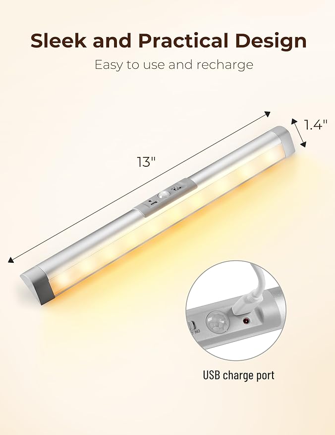 Joyzy Automatic Motion Sensor Closet Lighting with Eye-Protection Design, LED Closet Lights for Under Cabinet Wireless Light, Rechargeable Wardrobe Pantry Lights (2pack with Warm Lighting)