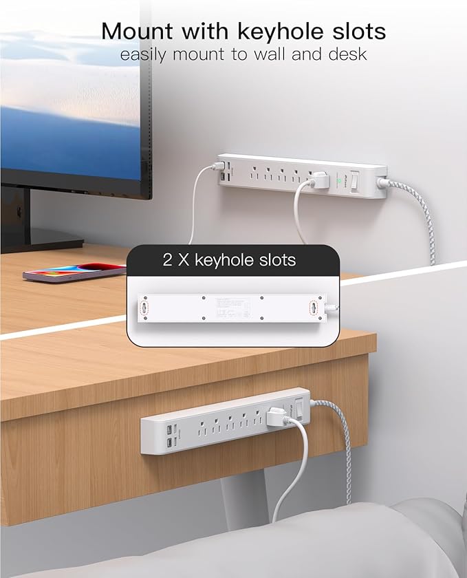 2 Pack Power Strip, 3FT Long Extension Cord, Surge Protector with 6 Outlets and 4 USB Ports (2 USB C), Flat Plug Overload Protection, Wall Mount for Home Office Dorm College
