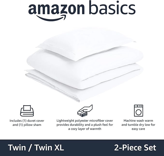 Amazon Basics Lightweight 2 Piece Microfiber Duvet Cover Set with Zipper Closure, Twin/Twin XL, Bright White, Solid