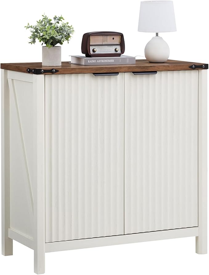 32 Fluted Sideboard Storage Cabinet Buffet - 7-Level Adjustable Shelves, Modern Farmhouse Rustic Kitchen Console Accent Cabinets, Coffee Bar Table for Dining Room (Antique White)