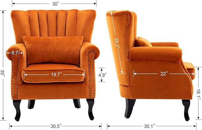 Mid Century Accent Chair Modern Tufted Wingback Armchairs Club Chair Velvet Single Sofa Lounge Chair with Pillow for Living Room, Orange