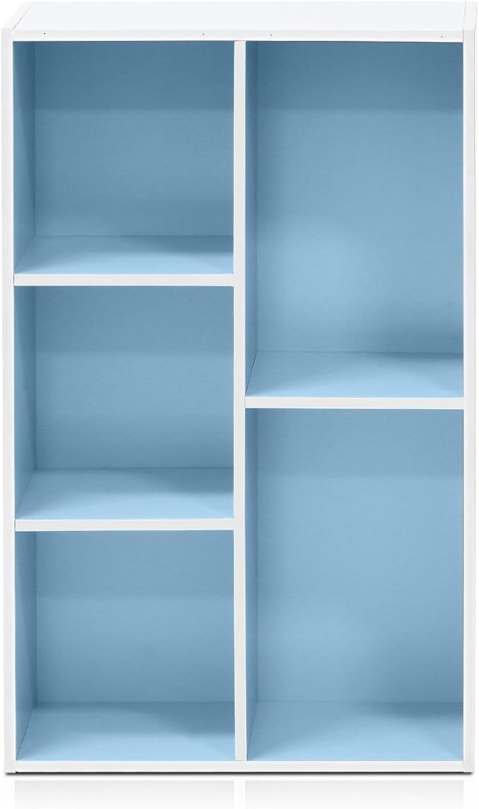 Furinno LUDER Book Shelf, 5-Cube Bookshelf, Reversible Bookcase, 9.4 x 19.5 x 31.5, for Living Room, Bedroom, Home Office, White/Light Blue