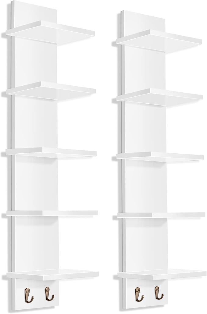 Sorbus 5 Tier Wall Shelf Unit with Hooks, Vertical Column Utility Shelving for Home Decor and Storage Organizer, Wall-Mounted Floating Shelves for Bathroom Storage, Bedroom (2 Pack)