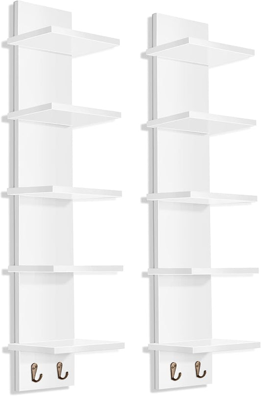 Sorbus 5 Tier Wall Shelf Unit with Hooks, Vertical Column Utility Shelving for Home Decor and Storage Organizer, Wall-Mounted Floating Shelves for Bathroom Storage, Bedroom (2 Pack)