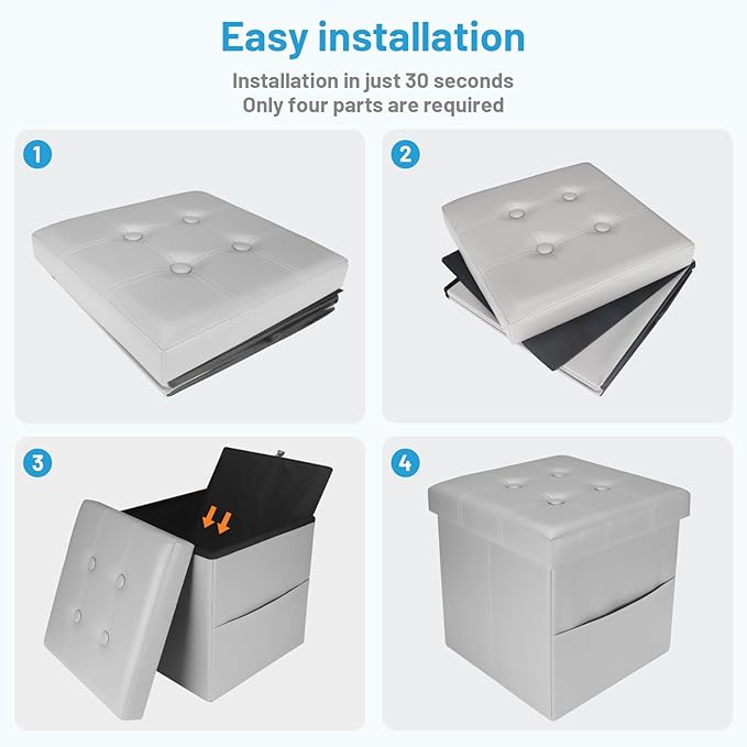 Storage Ottoman Foot Rest Stool, Small Leather Storage Ottomans Bench, Folding Footstool with Side Pockets, Foot Rest Under Desk for Living Room Bedroom, 15x15x15 in, Grey