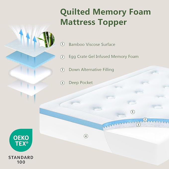 Hansleep King Mattress Topper Viscose Derived from Bamboo, Memory Foam Pillow Top Mattress Topper King with Deep Pocket, Breathable Mattress Pad for Back Pain Relief, 78" x 80", White