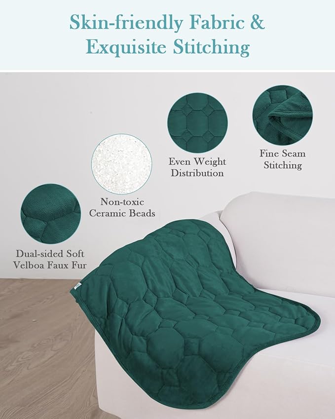 Topblan Weighted Lap Blanket 7lbs for Adults, Small Weighted Blanket Throw for Napping, Relaxation, Calming and Travel, Skin Friendly & Machine Washable for All-Season Sleeping, Dark Green