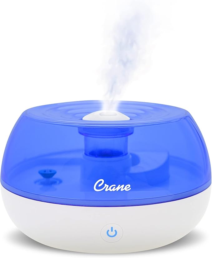 Crane Personal Ultrasonic Cool Mist Travel Humidifier and Vaporizer for Congestion Relief, 360° Adjustable Nozzle, Filter-Free .75 Liter Tank, Blue/White, Office Humidifier