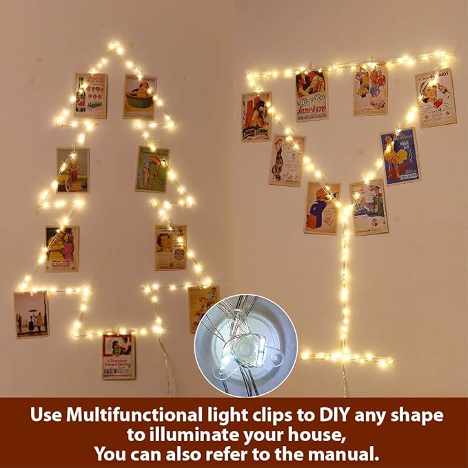 HXWEIYE Warm White Photo Clips String Light, Timer & 8 Modes, 33Ft 100LEDs Battery Powered Fairy Light with 52 Clear Clips & 12 Hooks on Wall for Hanging Picture,Bedroom Party