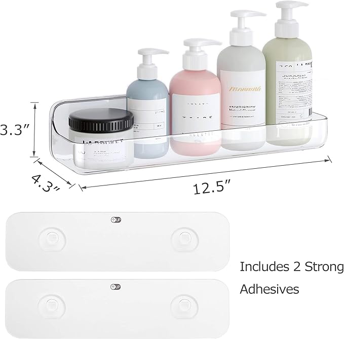 UDD Acrylic Clear Shower Caddy Adhesive Shelf, Plastic Shower Organizer with Self Adhesive Tape, No Drilling Wall Mount Shower Shelves for Bathroom Kitchen, Transparent