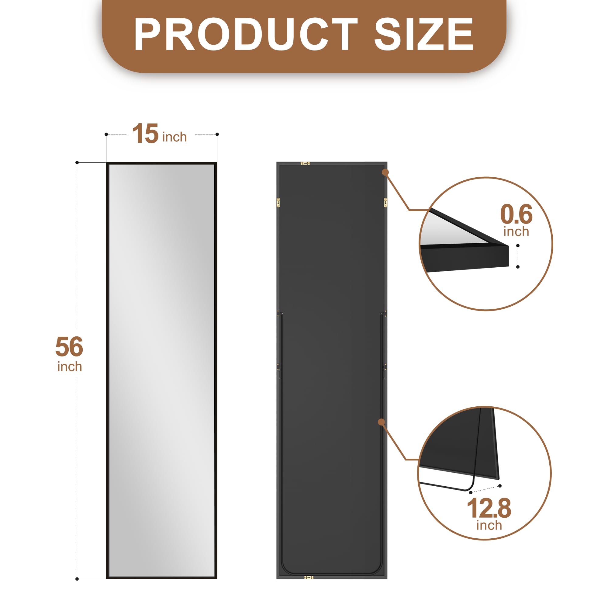 Delma Wall Full Length Mirror,Standing Mirror Full Body,Large Floor for Wall Door Bedroom Bathroom Living Room with Aluminium Frame(with Stand,56x15-Black) Dormly