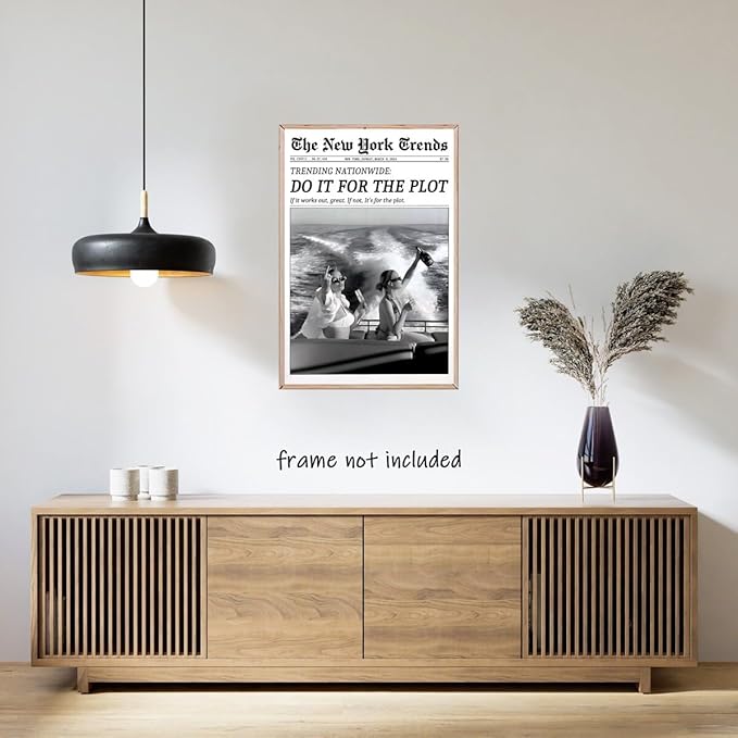 Retro New York Trends Wall Art Black and White Newspaper Poster Do It for The Plot Canvas Prints Funky Feminist Posters Trendy College Wall Decor for Bar Cart Hot Girl Dorm Room Decorative 12x16inch Unframed