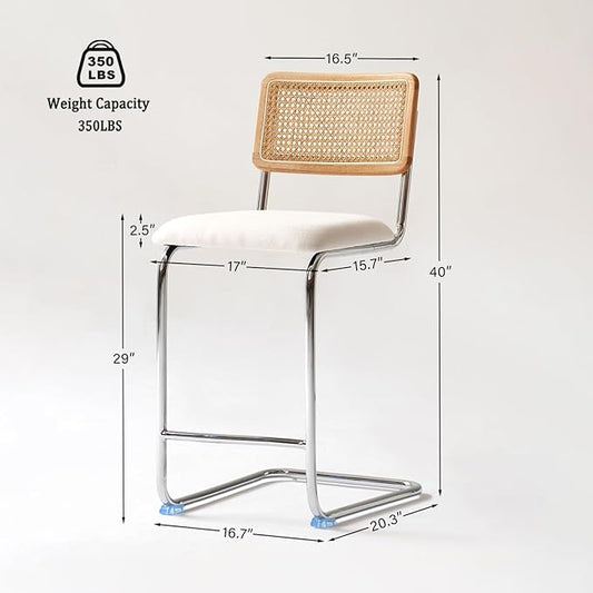 Natural Rattan Counter Height Stools Set of 3 with Solid Wood Back, 29 Inch Mid Century Modern Cesca Bar Stools, White Upholstery Boho Stool for Kitchen Counter with Chrome Metal Legs