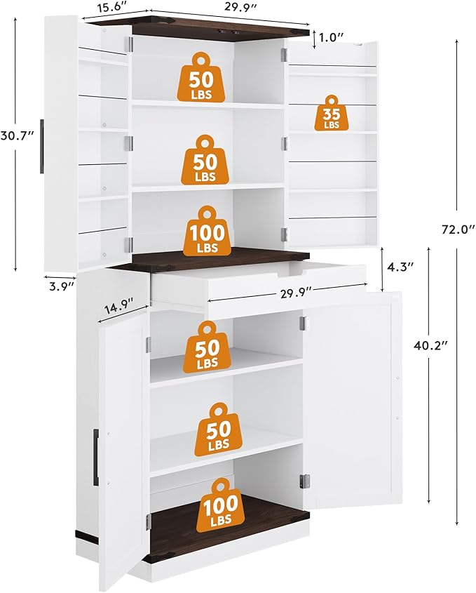 72" Tall Storage Cabinet, Kitchen Pantry Cabinet with Adjustable Shelves & Sturdy Steel Frame, Farmhouse Pantry Storage with 4 Barn Doors for Kitchen, Dining Room, and Living Room, White