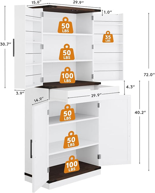72" Tall Storage Cabinet, Kitchen Pantry Cabinet with Adjustable Shelves & Sturdy Steel Frame, Farmhouse Pantry Storage with 4 Barn Doors for Kitchen, Dining Room, and Living Room, White