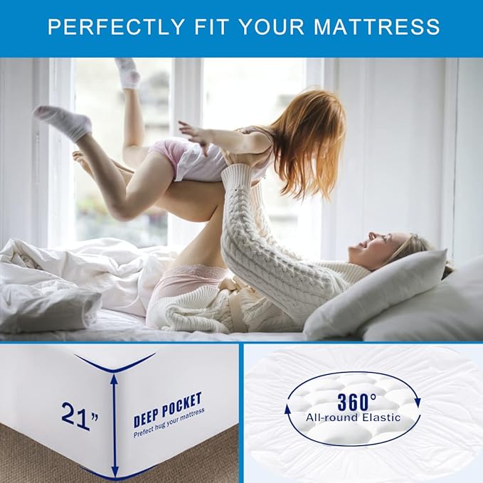 King Size Quilted Fitted Waterproof Mattress Pad, Premium Hollow Material Filling Mattress Protector, Breathable, Quiet, Cooling, Machine-Washable Mattress Cover with 21” Deep Pocket