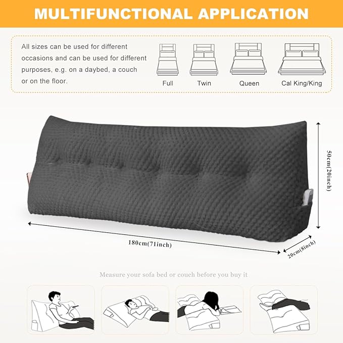 Large Triangular Headboard Wedge Pillow Soft and Supportive Headboard Backrest Positioning Support Bolster Cushion, Bed Wedge Pillow with Removable Cover(Black,Cal King,71x8x20inch)