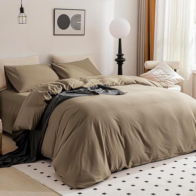 JELLYMONI Khaki Duvet Cover Queen Size - 100% Washed Cotton Linen Like Textured Comforter Cover, 3 Pieces Breathable Soft Bedding Set with Zipper Closure (Khaki, Queen 90"x90")