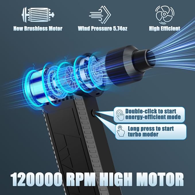 Cordless Electric Air Duster: 120,000 RPM High-Speed 4-Speed Adjustable Blower, Rechargeable Battery-Powered Dust Cleaner for PC Keyboards, Electronics, Cars & Outdoor Use (Black)