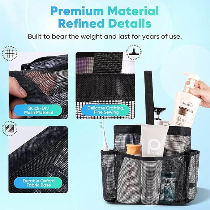 Mesh Shower Caddy, Portable Hanging Shower Bag with 8 Pockets, Quick Dry Dorm Shower Caddy for College, Gym, Bathroom (Black)