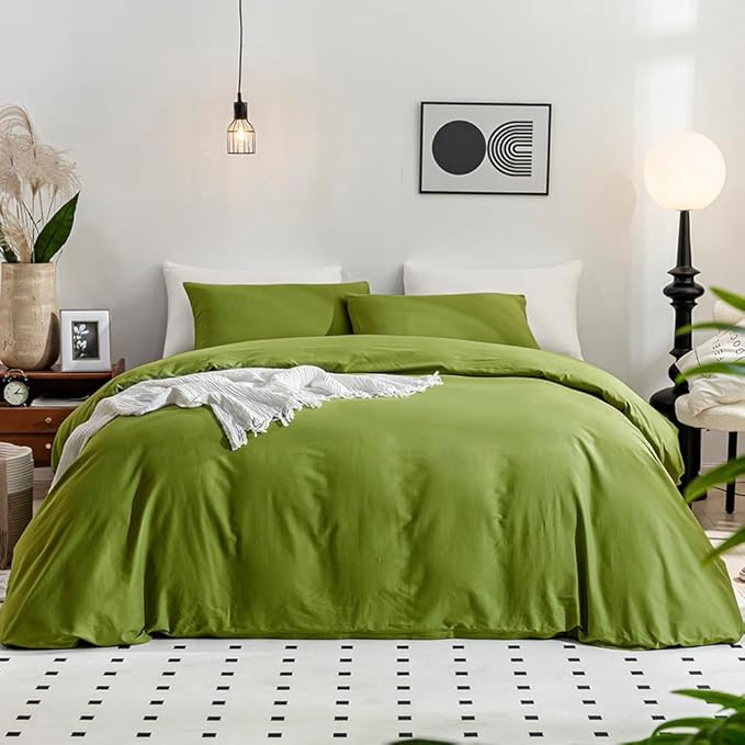 JELLYMONI Christams Duvet Cover Twin Size - 100% Washed Cotton Linen Feel Textured Comforter Cover, 2 Pieces Breathable Soft Bedding Set with Zipper Closure (Avocado Green, Twin 68"×90")