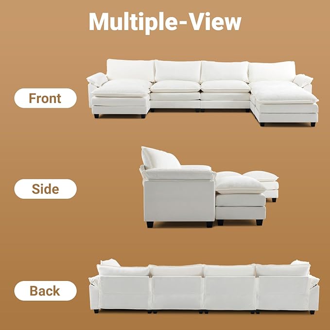 VINGLI 157" Cloud White/Cream Convertible Sectional Sofa, Comfy U-Shape Extra Deep Seat Sofa Couch for Living Room,Modern Chenille 4-Seat Convertible Sofa with 3 Movable Ottomans for Small Space