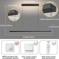 Modern Island Lights, 57in LED Pendant Light Dimmable with Remote Control 3000k-6000K Adjustable Color Temperature, Aluminum Chandelier Lamp Fixture for Kitchen, Dining Room, Billiard Room