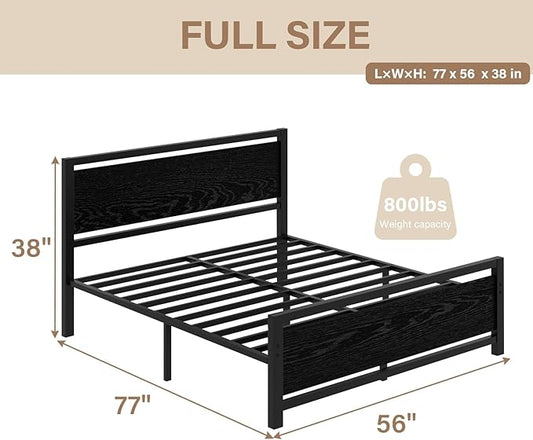 Full Size Bed Frame with Headboard, Industrial Style Full Bed Frame, Bed Frame Full Size with Wooden Footboard, No Box Spring Needed, Noise-Free, Easy Assembly, Black