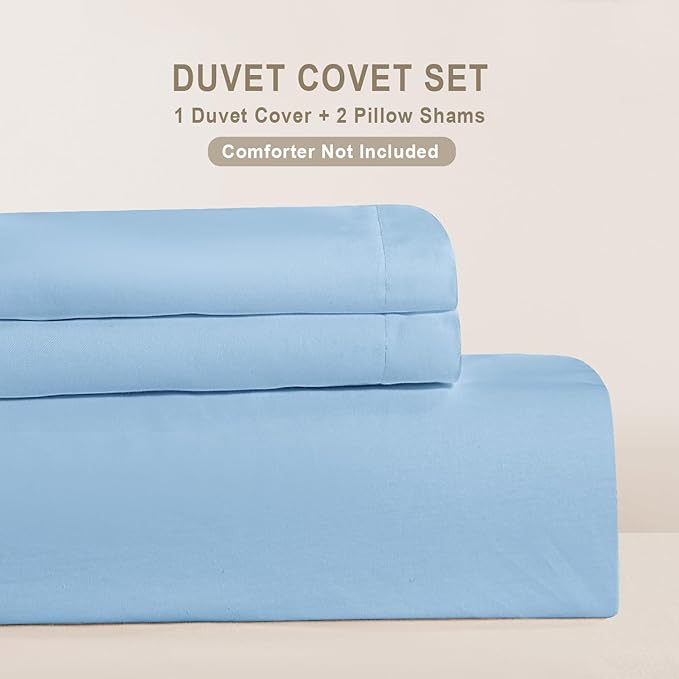 100-Percent Cotton Duvet Cover Set, Hidden Zipper Closure, Ultra Soft, Easy Care and Durable, Simple Bedding Style, Queen, Light Sky Blue (Comforter Not Included)