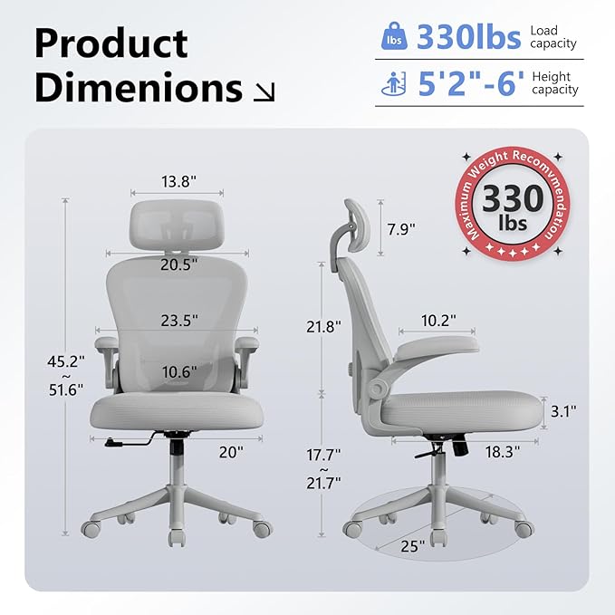 Ergonomic Office Chair M903, Computer Desk Chair with Wheels, High Back Mesh Office Chair with Adjustable Lumbar Support, Headrest, Flip-Up Armrests, All-Grey