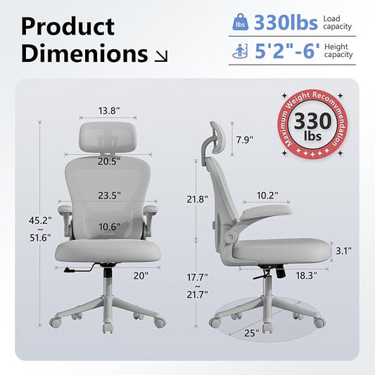 Ergonomic Office Chair M903, Computer Desk Chair with Wheels, High Back Mesh Office Chair with Adjustable Lumbar Support, Headrest, Flip-Up Armrests, All-Grey