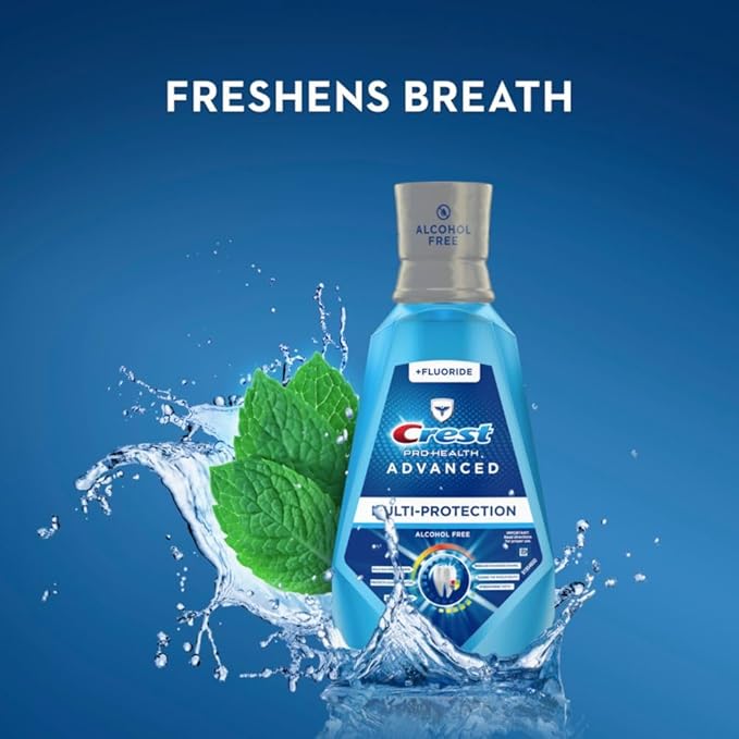 Crest Pro-Health Advanced Mouthwash, Alcohol Free, Multi-Protection, Fresh Mint, 1 L (33.8 fl oz), Pack of 2, Blue