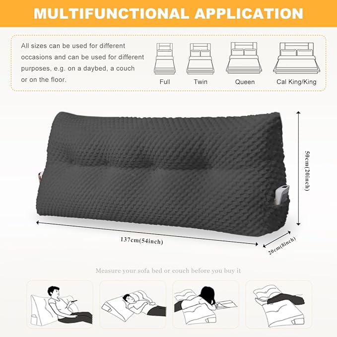 Large Triangular Headboard Wedge Pillow Soft and Supportive Headboard Backrest Positioning Support Bolster Cushion, Bed Wedge Pillow with Removable Cover(Black,Full,54x8x20inch)