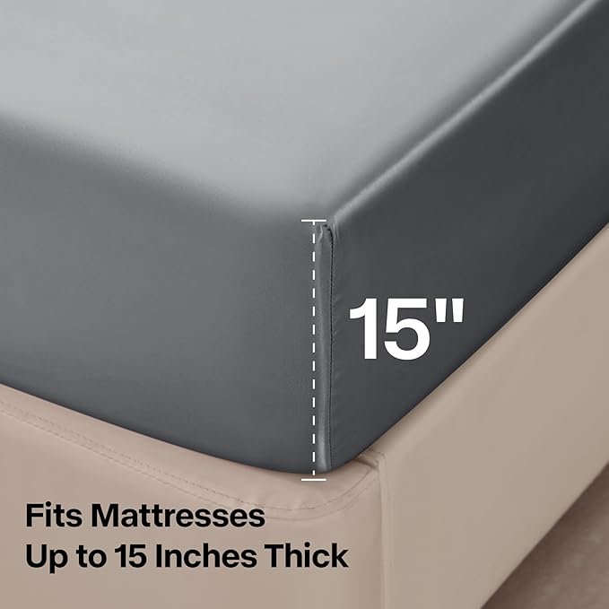 BEDELITE California King Sheets Set, Luxury Soft Dark Grey Satin Sheets for Hair and Skin, Similar to Silk Bed Sheets Set 4 Pieces with 1 Deep Pocket Fitted Sheet, 1 Flat Sheet, and 2 Pillowcases