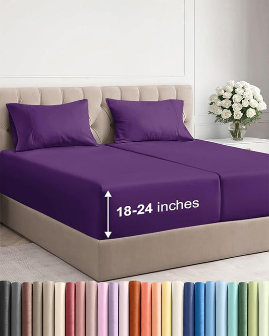 Extra Deep Pocket Split King Sheets - 5 Piece Breathable & Cooling Bed Sheets - Hotel Luxury Bed Sheet Set - Soft, Wrinkle Free & Comfy - Easily Fits Extra Deep Mattresses - Deep Pocket Purple Sheets