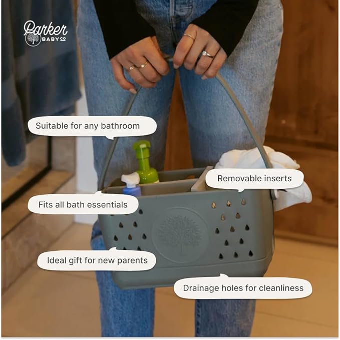 Parker Baby Large Bath Caddy | BPA Free & Food Grade Shower Caddy Organizer for Toys & Supplies | Quick-Dry, Sturdy & Perfect Size Shower Basket w/ Handle in Neutral Colors
