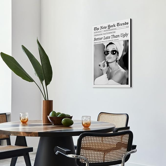 New York Trends Wall Art Black and White Newspaper Better Late Than Ugly Poster Canvas Prints Funky Feminist Posters Trendy College Wall Decor for Bar Cart Girl Dorm Room Bathroom Decorative 12x16inch Framed