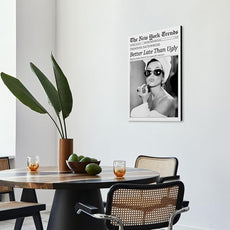 New York Trends Wall Art Black and White Newspaper Better Late Than Ugly Poster Canvas Prints Funky Feminist Posters Trendy College Wall Decor for Bar Cart Girl Dorm Room Bathroom Decorative 16x24inch Framed