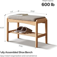 Solid Wood Shoe Bench Assembled, Shoe Rack Bench with Gray Cushion for Entryway, Living Room, Bedroom, Hallway, 11.8