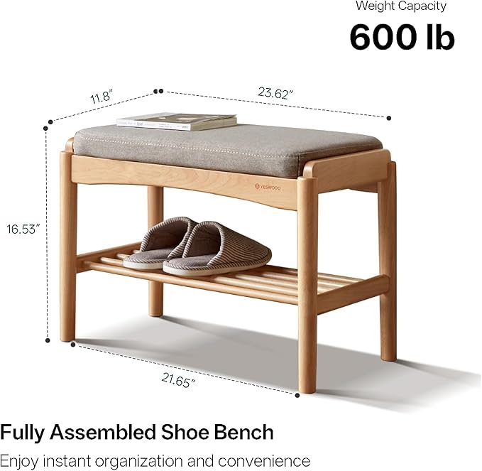 Solid Wood Shoe Bench Assembled, Shoe Rack Bench with Gray Cushion for Entryway, Living Room, Bedroom, Hallway, 11.8" x 23.6" x 16.5", Natural