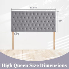 Kingfun Upholstered Queen Headboard Only, Premium Velvet Button Tufted Headboards, Adjustable Solid Wood Head Board, Padded Headboard with Solid Wood Legs in Bedroom (Gray)