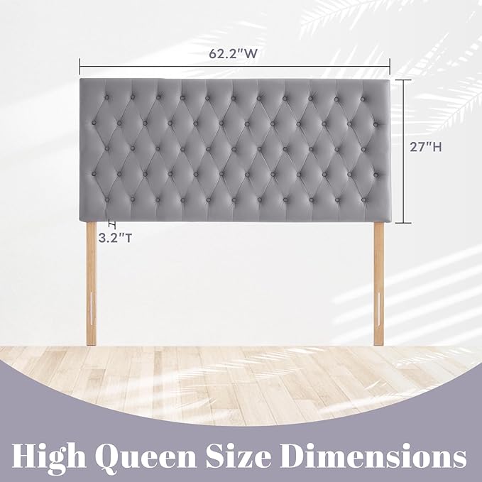 Kingfun Upholstered Queen Headboard Only, Premium Velvet Button Tufted Headboards, Adjustable Solid Wood Head Board, Padded Headboard with Solid Wood Legs in Bedroom (Gray)