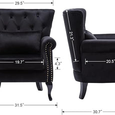 Mid Century Accent Chair Modern Button Tufted Armchair Club Chair Velvet Wingback Single Sofa Lounge Chair with Pillow for Living Room Bedroom, Black